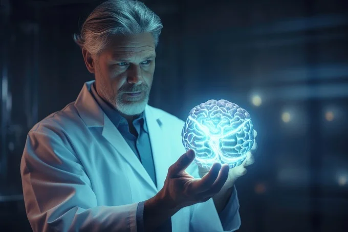 A senior psychologist in a lab coat examines a glowing, holographic brain, symbolizing innovations in mental health and research.