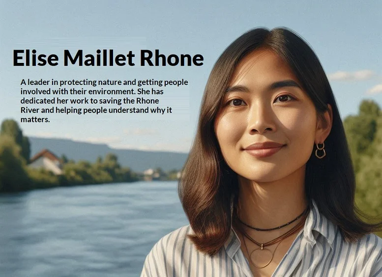 Elise Maillet Rhone standing by the Rhone River, smiling as a community leader and environmental advocate.