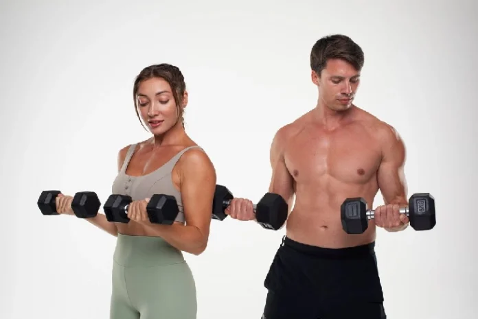 Person performing full body dumbbell workouts, engaging multiple muscle groups.