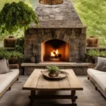 Cozy outdoor stone fireplace creating a warm gathering spot for social events