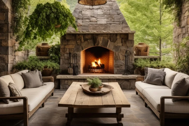 Cozy outdoor stone fireplace creating a warm gathering spot for social events