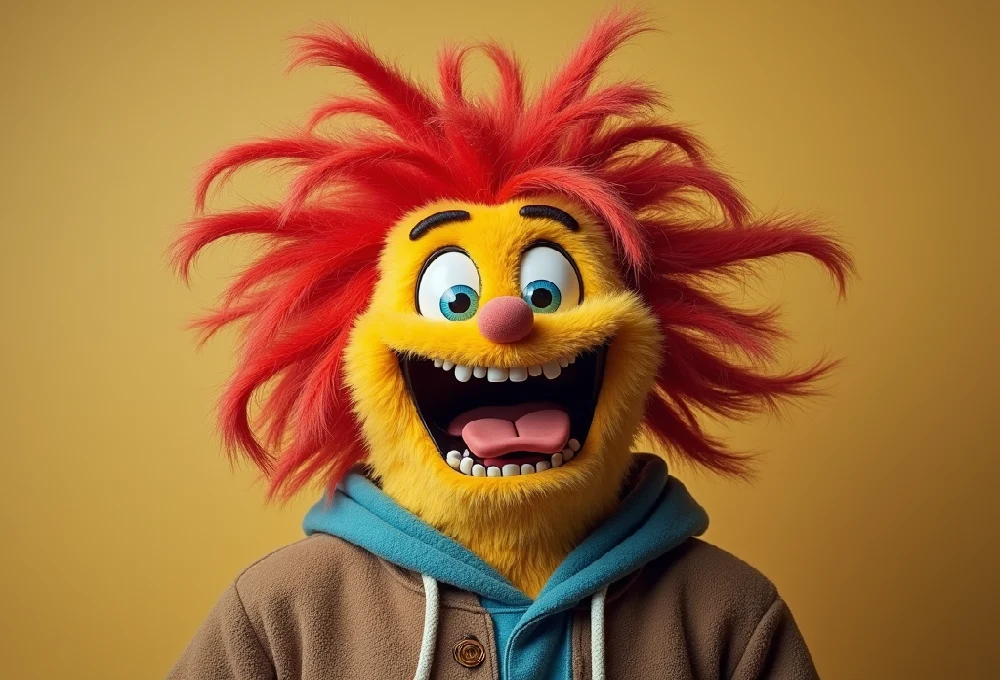 A Silly Wankok with wild red hair, a big toothy grin, and a playful expression, wearing a hoodie against a warm yellow background.