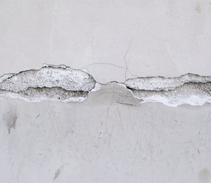 Cracked wall with exposed foundation damage, a potential sign of a slab leak