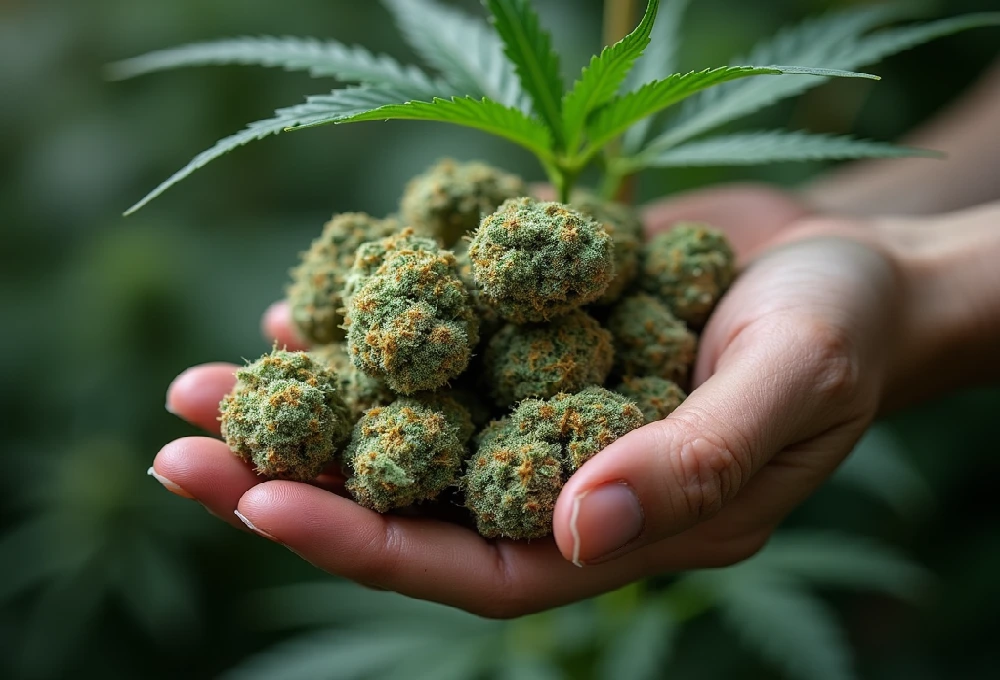 A close-up of a person's hands holding freshly harvested cannabis buds with Weed Shopping in the background.