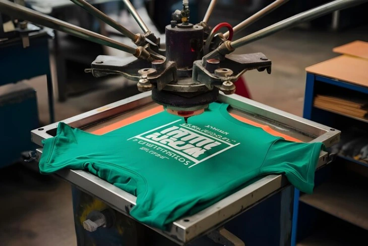 Custom T-shirt printing in action with colorful designs on blank shirts.