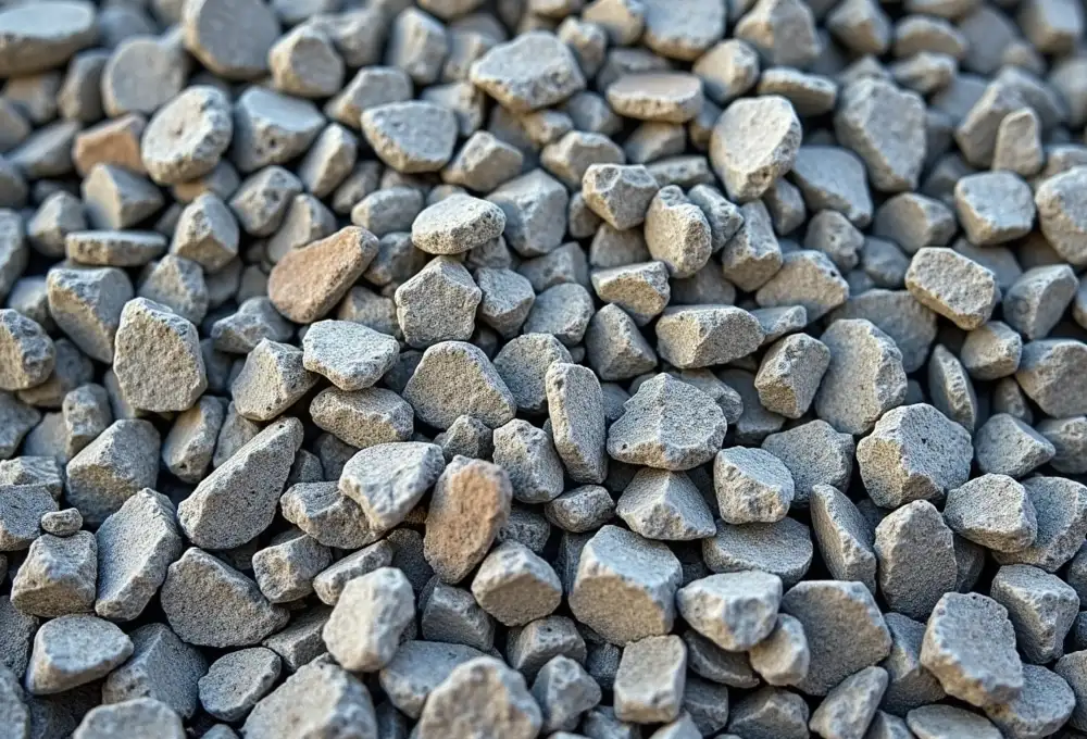 Close-up of crushed gravel stones with angular edges in varying sizes, commonly used in construction and landscaping projects.