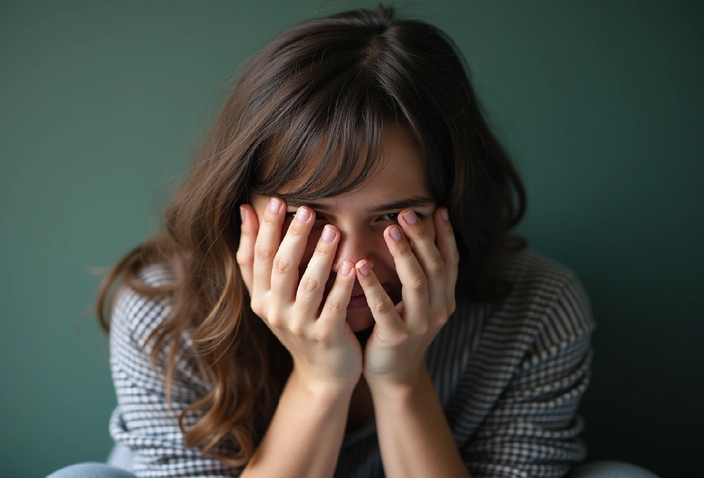 A young woman covering her face with her hands, expressing stress or deep Emotional, against a muted green background.