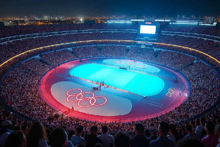 Aerial view of Olympic stadium during opening ceremony, showcasing the grandeur of hosting world sporting events