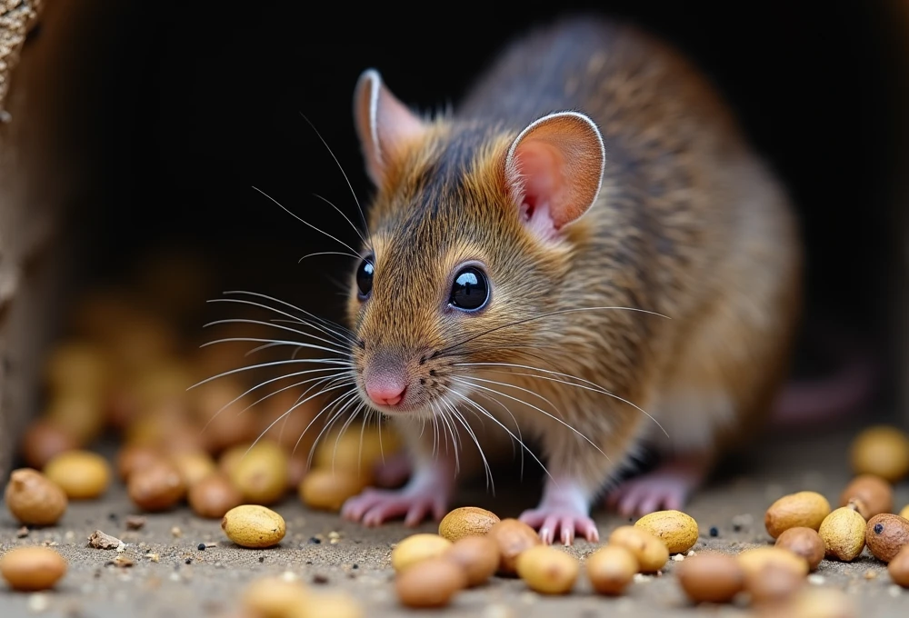 A small brown mouse with shiny black eyes surrounded by scattered seeds, peeking out from its burrow in a Rodent Control space.