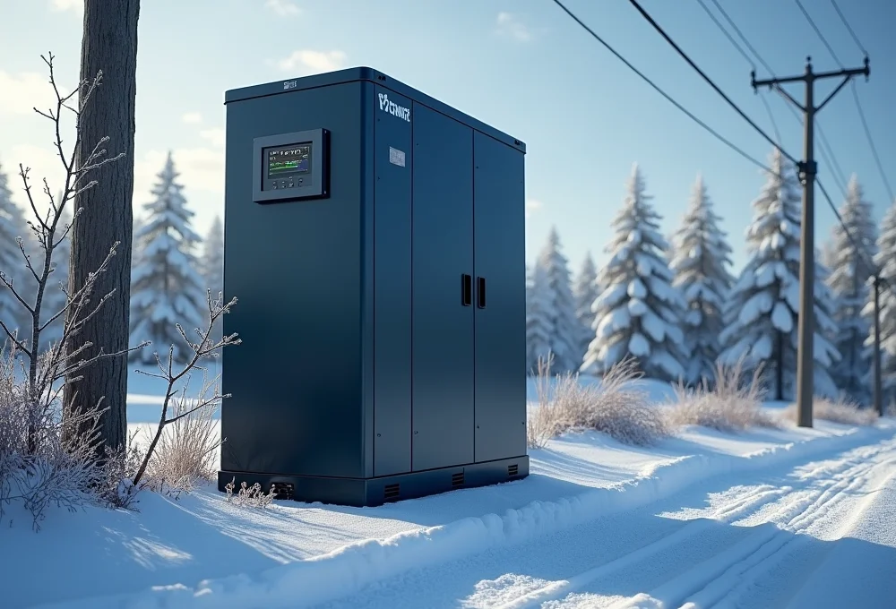 A rugged Snowbreak Locate Uninterruptible Power Supply unit in a snowy outdoor setting, surrounded by frosted trees and power lines.