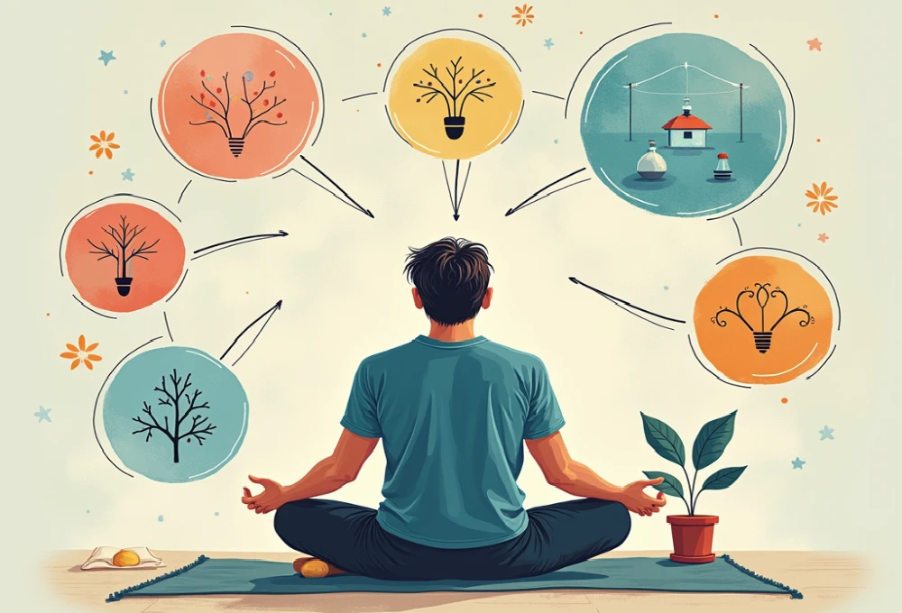 A man meditating while visualizing Stress Management strategies, represented by abstract thought bubbles with trees, ideas, and balance symbols.