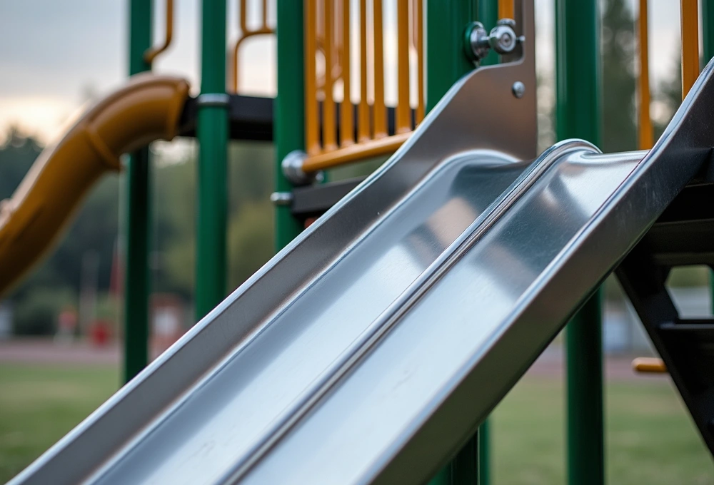 Close-up of a shiny Stainless Steel Ideal playground slide with green and yellow equipment in the background.