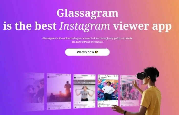 Glassagram logo with Instagram icons, highlighting anonymous viewing of private profiles.