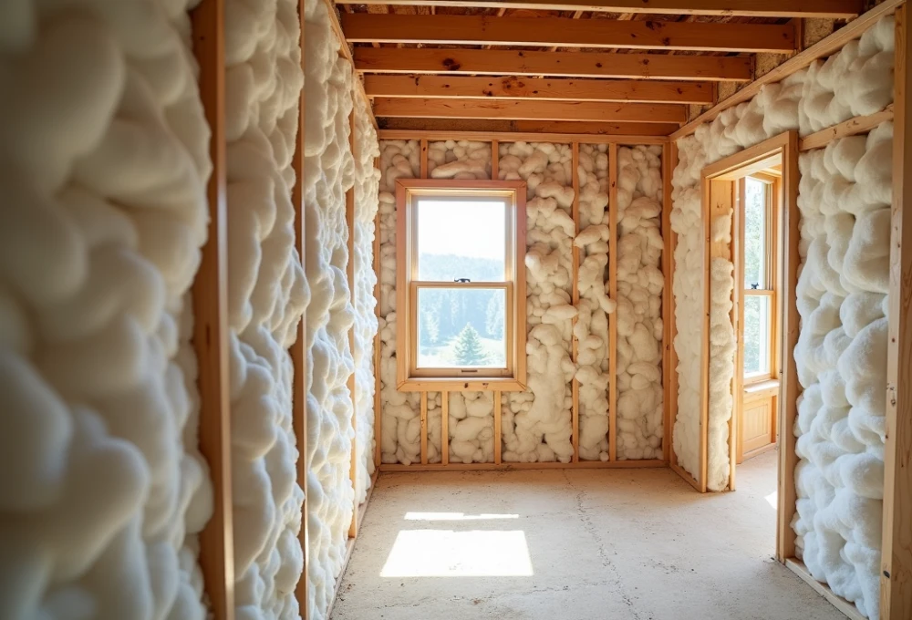 Interior view of a home under construction with walls filled with fluffy Right Insulation material, showcasing energy-efficient building practices.