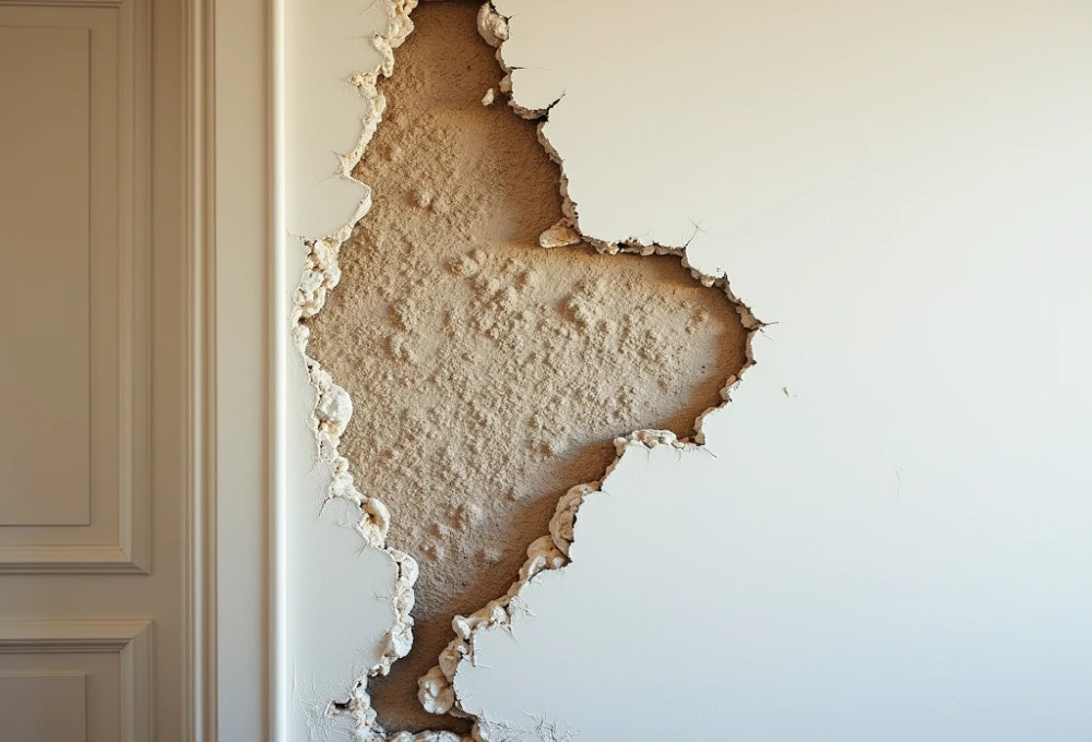 A damaged house wall, showing the importance of selecting moisture-resistant insulation for long-term protection.