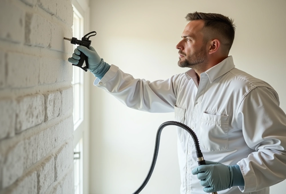 A worker in a white coverall applying spray foam insulation for superior air sealing and moisture resistance.