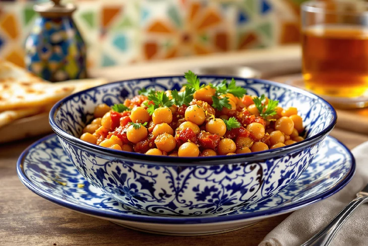 A steaming bowl of çeciir, a traditional Turkish chickpea stew, garnished with fresh herbs and served with crusty bread.