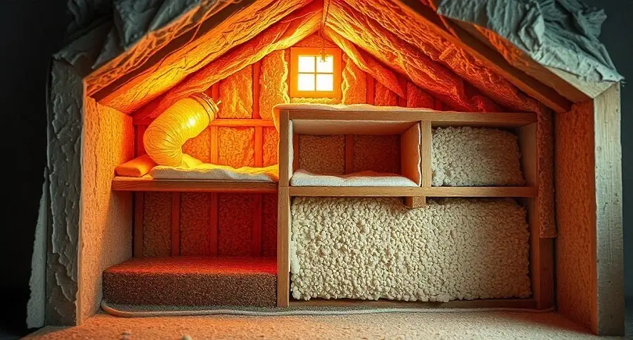 A house showing different types of insulation, including spray foam and fiberglass, to improve energy efficiency.