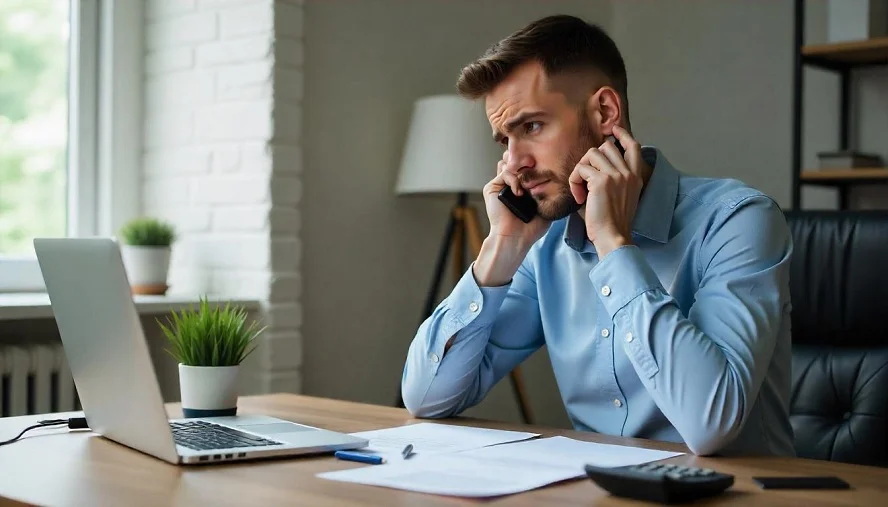 A worried man talking on the phone with an insurance company while reviewing car accident claim documents.