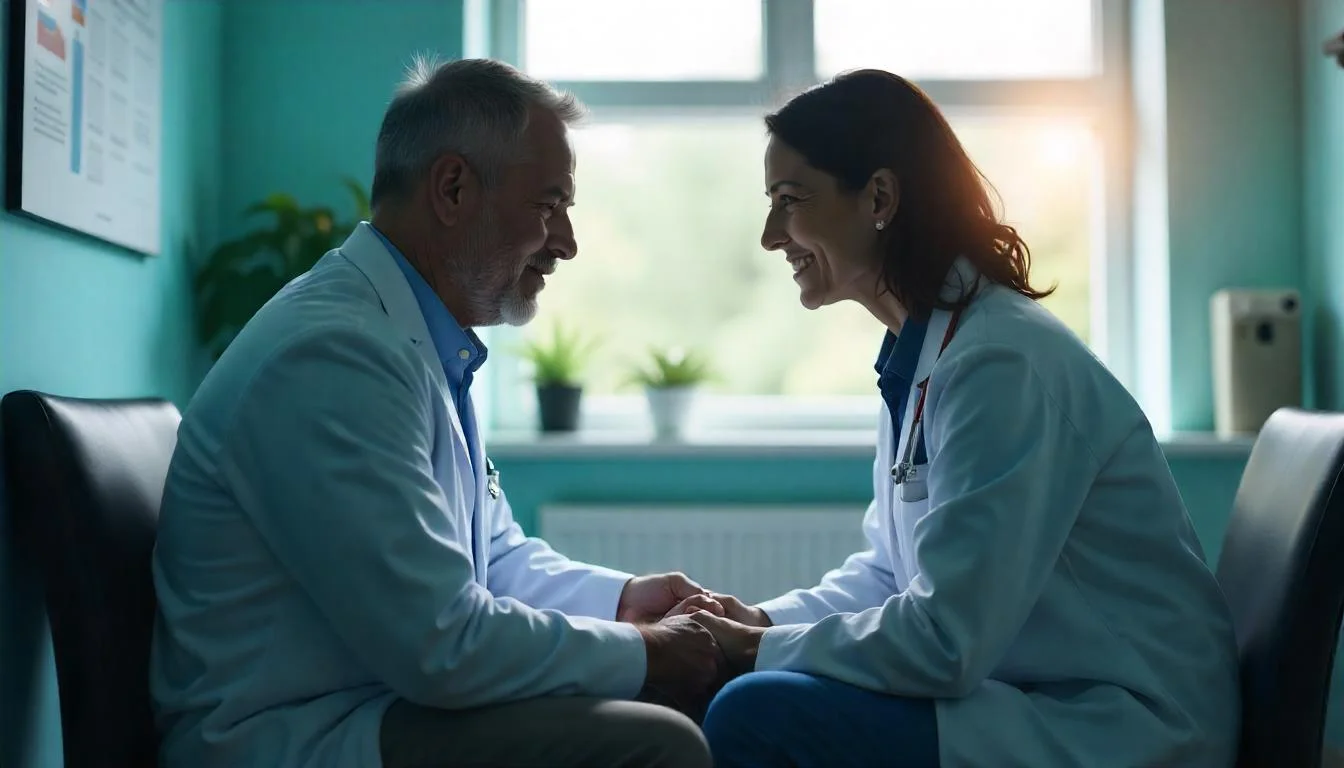 Two medical professionals in a calm clinic environment, symbolizing the importance of medical supervision during addiction treatment detox.