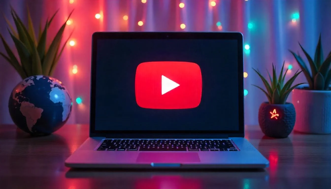 Laptop displaying the YouTube logo surrounded by plants and a globe in a colorful ambient setting.