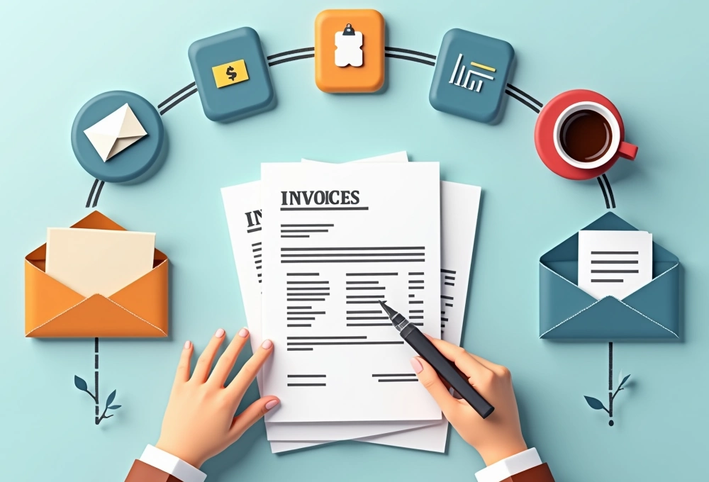 Person calculating invoices with a calculator and printed documents on a desk.