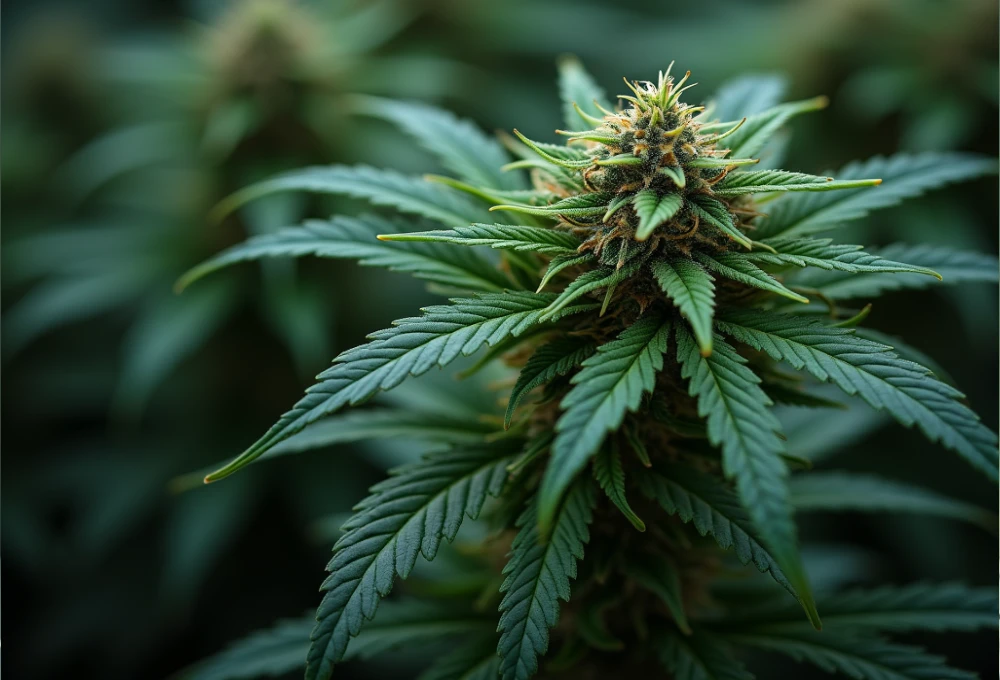 A close-up of a cannabis plant with vibrant green leaves and a budding flower, symbolizing natural remedies and mental well-being.