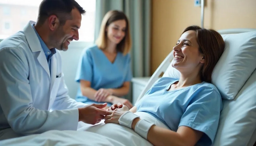 A smiling patient in a hospital bed talking to a doctor about recovery after a car accident.