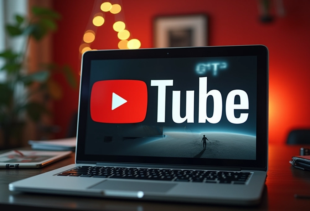 A laptop displaying the YouTube logo on its screen, set in a cozy, warmly lit workspace with a blurred background