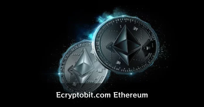 Two Ethereum coins with blue glow effect on black background - Ecryptobit.com Ethereum trading platform